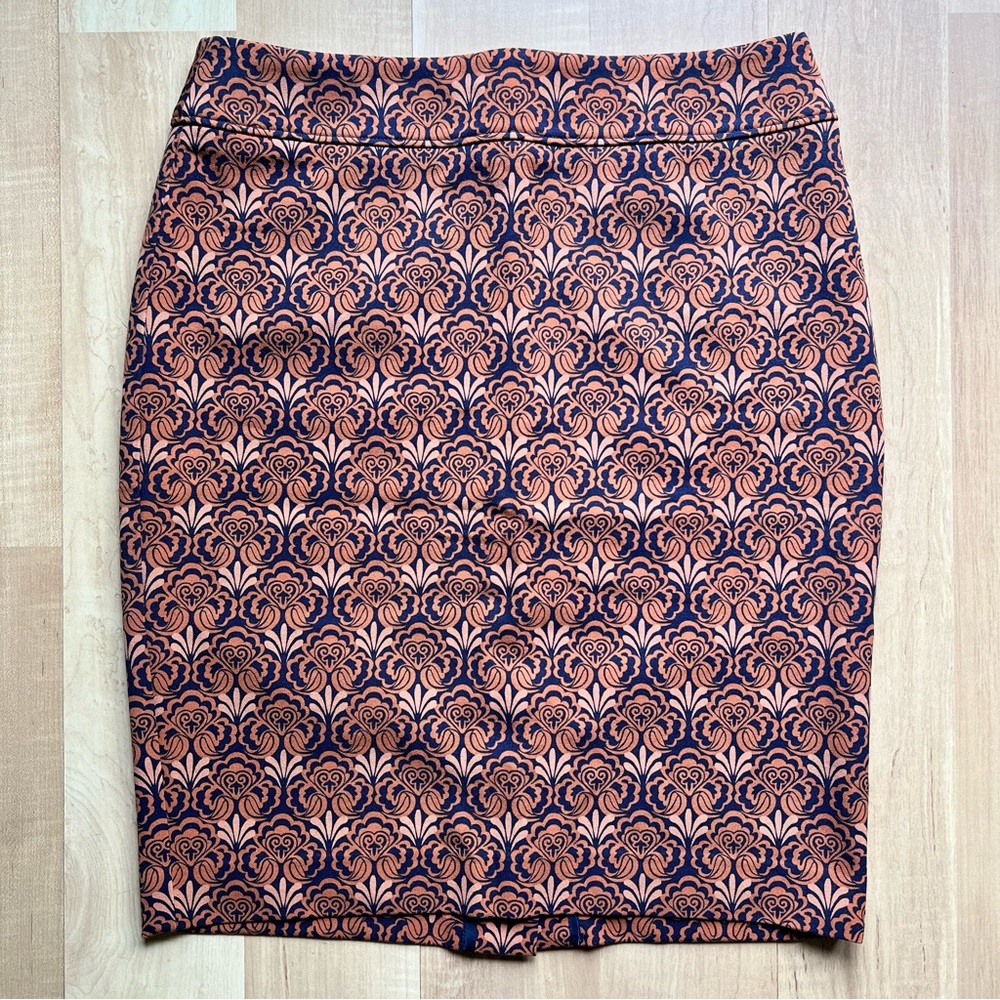 LOFT rust orange dark navy paisley floral stretchy midi pencil skirt zip closure